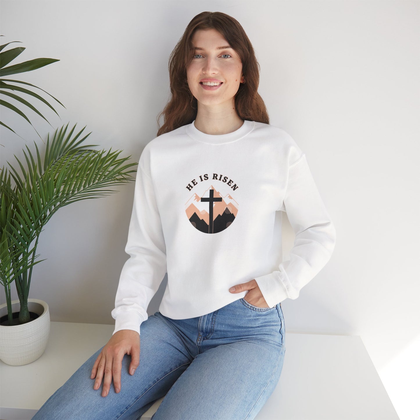 He Is Risen Cross Crewneck Sweatshirt | Christian Easter Shirt, Faith-based